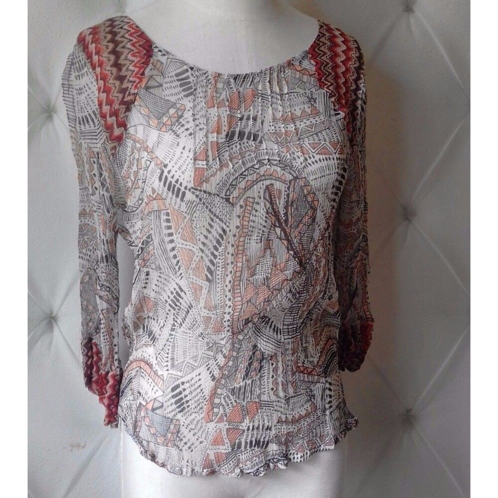 Lucky Brand Women's Small Crinkle Peasant Blouse Geo Mixed Print Sheer #7W41798